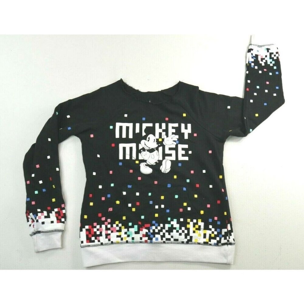 Disney Parks Mickey w Spellout Black Sweatshirt Confetti Print Youth Small